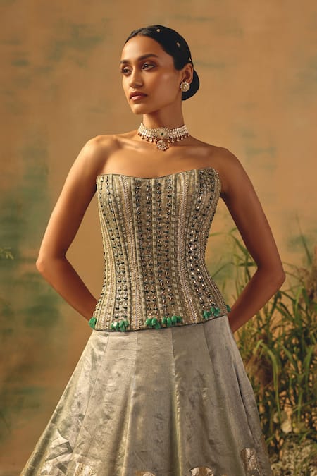 Buy Basanti - Kapde Aur Koffee Green Brocade Sequins, Stones, Beads, Zari, The Sage Bloom Lehenga Set Online at Aza Fashions Buy_Basanti - Kapde Aur Koffee_Green Brocade Sequins, Stones, Beads, Zari, The Sage Bloom Lehenga Set _Online_at_Aza_Fashions