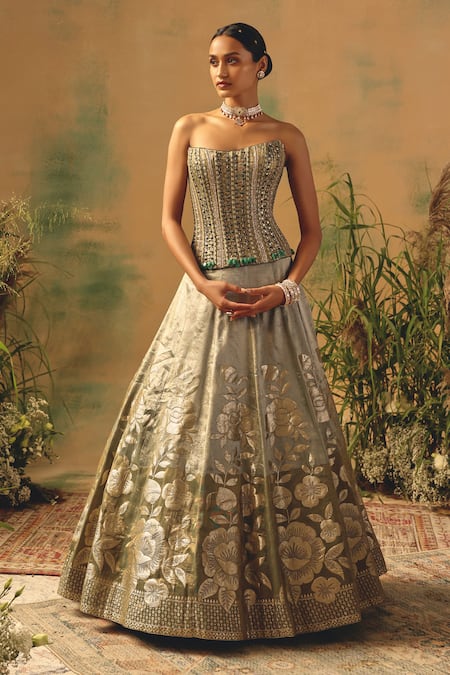 Shop Basanti - Kapde Aur Koffee Green Brocade Sequins, Stones, Beads, Zari, The Sage Bloom Lehenga Set Online at Aza Fashions Shop_Basanti - Kapde Aur Koffee_Green Brocade Sequins, Stones, Beads, Zari, The Sage Bloom Lehenga Set _Online_at_Aza_Fashions