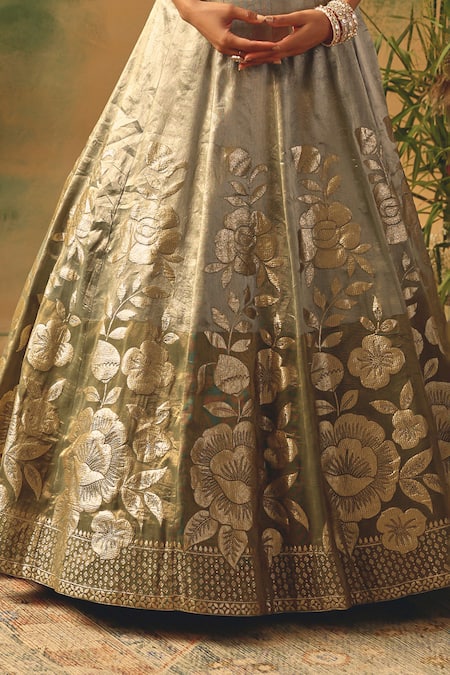 Buy Basanti - Kapde Aur Koffee Green Brocade Sequins, Stones, Beads, Zari, The Sage Bloom Lehenga Set Buy_Basanti - Kapde Aur Koffee_Green Brocade Sequins, Stones, Beads, Zari, The Sage Bloom Lehenga Set