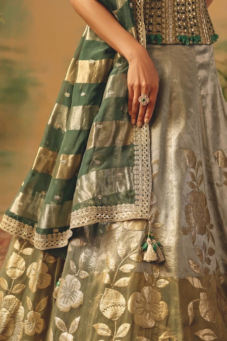 Shop Basanti - Kapde Aur Koffee Green Brocade Sequins, Stones, Beads, Zari, The Sage Bloom Lehenga Set Shop_Basanti - Kapde Aur Koffee_Green Brocade Sequins, Stones, Beads, Zari, The Sage Bloom Lehenga Set