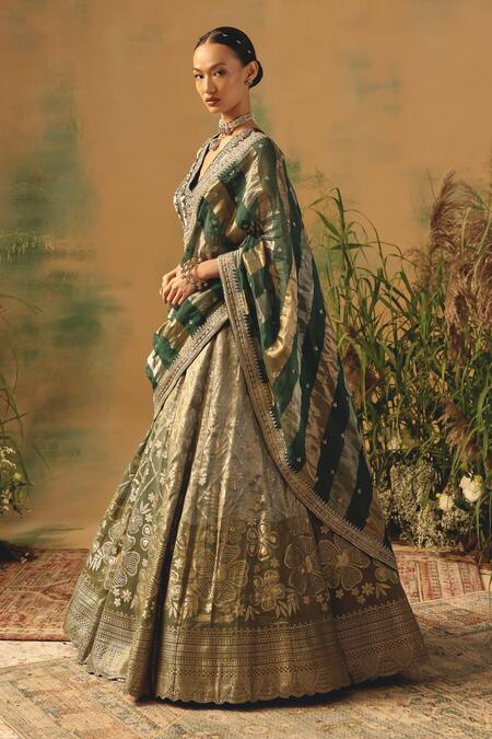 Shop Basanti - Kapde Aur Koffee Green Brocade Sequins, Beads, Zari V-neck The Olive Blush Lehenga Set Online at Aza Fashions Shop_Basanti - Kapde Aur Koffee_Green Brocade Sequins, Beads, Zari V-neck The Olive Blush Lehenga Set _Online_at_Aza_Fashions