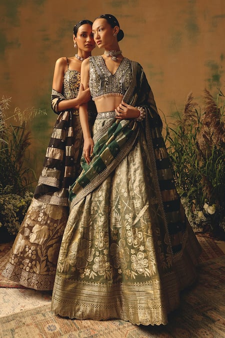 Shop Basanti - Kapde Aur Koffee Green Brocade Sequins, Beads, Zari V-neck The Olive Blush Lehenga Set Shop_Basanti - Kapde Aur Koffee_Green Brocade Sequins, Beads, Zari V-neck The Olive Blush Lehenga Set