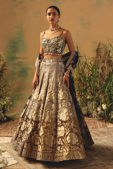 Shop Basanti - Kapde Aur Koffee Brown Brocade Sequins, Beads, Mirrors, Embroidery, The Wild Fern Lehenga Set Online at Aza Fashions Shop_Basanti - Kapde Aur Koffee_Brown Brocade Sequins, Beads, Mirrors, Embroidery, The Wild Fern Lehenga Set _Online_at_Aza_Fashions
