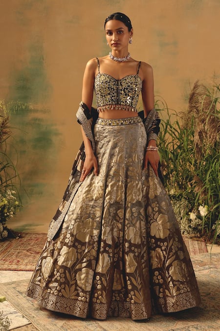Basanti - Kapde Aur Koffee Brown Brocade Sequins, Beads, Mirrors, Embroidery, The Wild Fern Lehenga Set at Aza Fashions Basanti - Kapde Aur Koffee_Brown Brocade Sequins, Beads, Mirrors, Embroidery, The Wild Fern Lehenga Set _at_Aza_Fashions