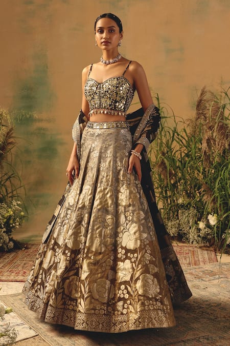 Buy Basanti - Kapde Aur Koffee Brown Brocade Sequins, Beads, Mirrors, Embroidery, The Wild Fern Lehenga Set Buy_Basanti - Kapde Aur Koffee_Brown Brocade Sequins, Beads, Mirrors, Embroidery, The Wild Fern Lehenga Set