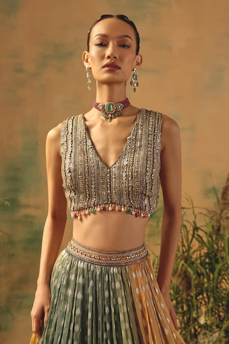 Buy Basanti - Kapde Aur Koffee Silver Georgette Sequins, Stones, Pearls, Beads The Haldi Forest Lehenga Set Online at Aza Fashions Buy_Basanti - Kapde Aur Koffee_Silver Georgette Sequins, Stones, Pearls, Beads The Haldi Forest Lehenga Set _Online_at_Aza_Fashions