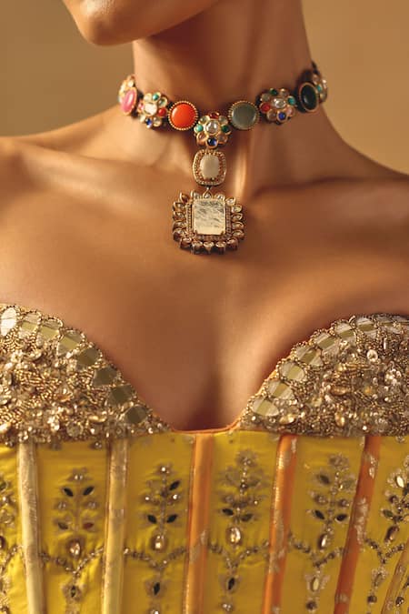 Basanti - Kapde Aur Koffee Yellow Georgette Sequins, Stones Sweetheart Neck The Wild Mariposa Lehenga Set Online at Aza Fashions Basanti - Kapde Aur Koffee_Yellow Georgette Sequins, Stones Sweetheart Neck The Wild Mariposa Lehenga Set _Online_at_Aza_Fashions