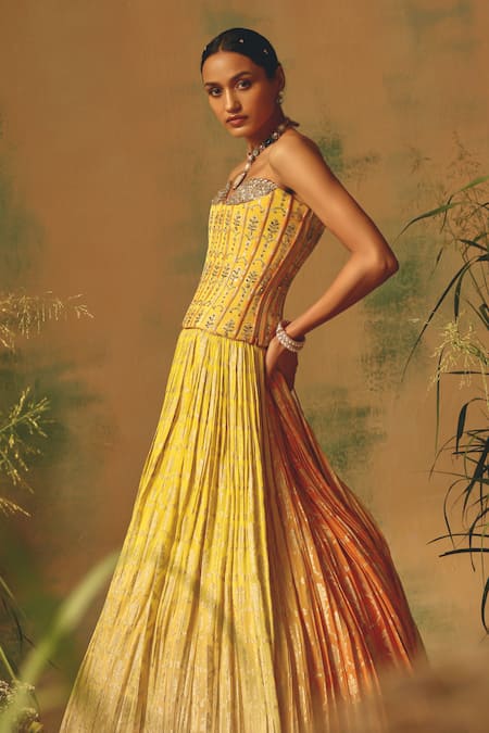 Buy Basanti - Kapde Aur Koffee Yellow Georgette Sequins, Stones Sweetheart Neck The Wild Mariposa Lehenga Set Online at Aza Fashions Buy_Basanti - Kapde Aur Koffee_Yellow Georgette Sequins, Stones Sweetheart Neck The Wild Mariposa Lehenga Set _Online_at_Aza_Fashions