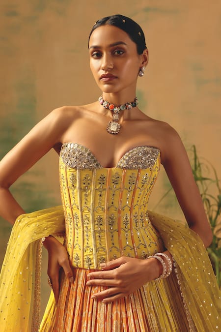 Shop Basanti - Kapde Aur Koffee Yellow Georgette Sequins, Stones Sweetheart Neck The Wild Mariposa Lehenga Set Online at Aza Fashions Shop_Basanti - Kapde Aur Koffee_Yellow Georgette Sequins, Stones Sweetheart Neck The Wild Mariposa Lehenga Set _Online_at_Aza_Fashions