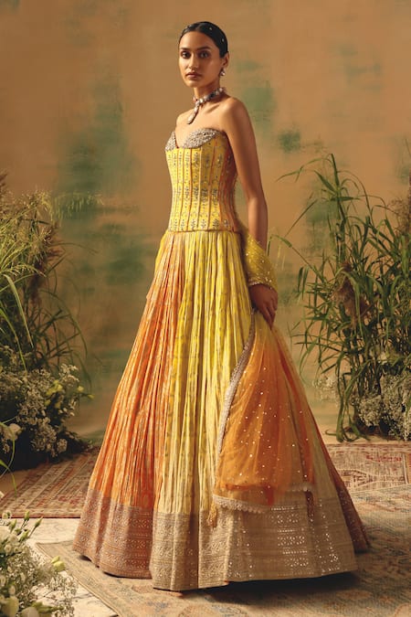 Buy Basanti - Kapde Aur Koffee Yellow Georgette Sequins, Stones Sweetheart Neck The Wild Mariposa Lehenga Set Buy_Basanti - Kapde Aur Koffee_Yellow Georgette Sequins, Stones Sweetheart Neck The Wild Mariposa Lehenga Set