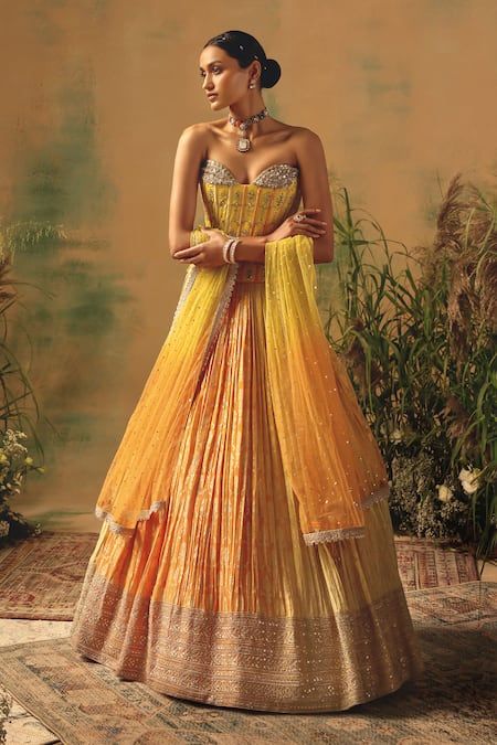 Shop Basanti - Kapde Aur Koffee Yellow Georgette Sequins, Stones Sweetheart Neck The Wild Mariposa Lehenga Set Shop_Basanti - Kapde Aur Koffee_Yellow Georgette Sequins, Stones Sweetheart Neck The Wild Mariposa Lehenga Set