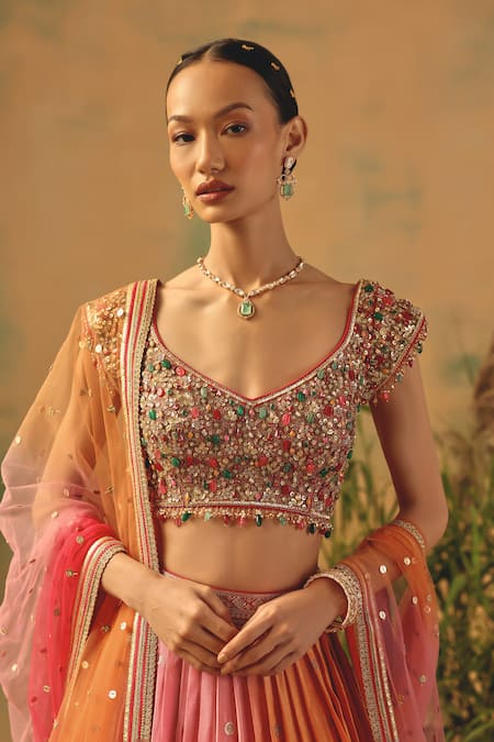 Shop Basanti - Kapde Aur Koffee Pink Tissue Beads, Crystals, Sequins, Embroidery The Rose And Rain Lehenga Set Online at Aza Fashions Shop_Basanti - Kapde Aur Koffee_Pink Tissue Beads, Crystals, Sequins, Embroidery The Rose And Rain Lehenga Set _Online_at_Aza_Fashions
