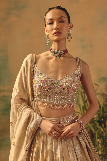 Basanti - Kapde Aur Koffee Ivory Brocade Sequins, Mirrors, Beads, The Blooming Clouds Lehenga Set Online at Aza Fashions Basanti - Kapde Aur Koffee_Ivory Brocade Sequins, Mirrors, Beads, The Blooming Clouds Lehenga Set _Online_at_Aza_Fashions