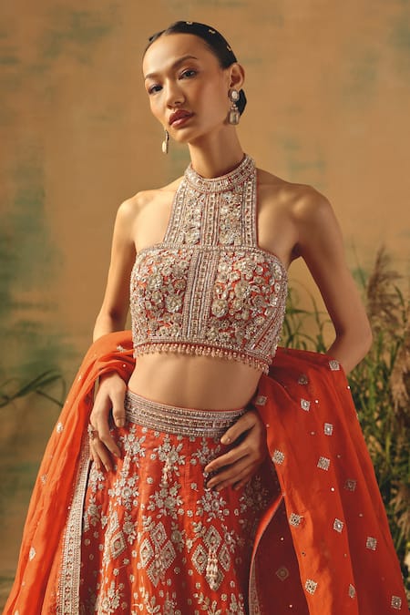 Buy Basanti - Kapde Aur Koffee Orange Organza Sequins, Beads, Crystals Halter The Saffron Mirage Lehenga Set Online at Aza Fashions Buy_Basanti - Kapde Aur Koffee_Orange Organza Sequins, Beads, Crystals Halter The Saffron Mirage Lehenga Set _Online_at_Aza_Fashions