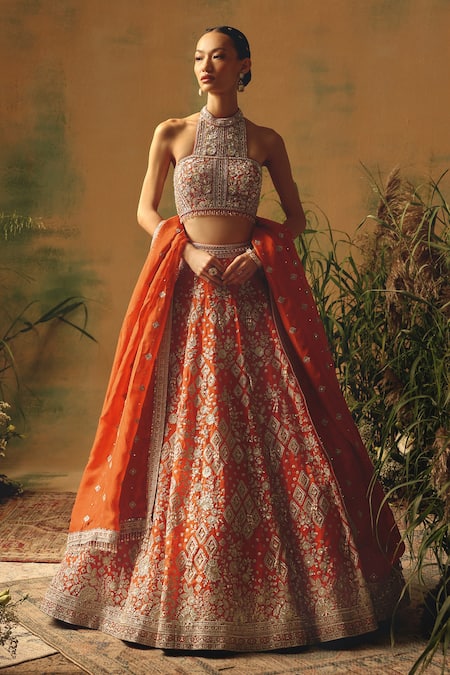 Shop Basanti - Kapde Aur Koffee Orange Organza Sequins, Beads, Crystals Halter The Saffron Mirage Lehenga Set Online at Aza Fashions Shop_Basanti - Kapde Aur Koffee_Orange Organza Sequins, Beads, Crystals Halter The Saffron Mirage Lehenga Set _Online_at_Aza_Fashions