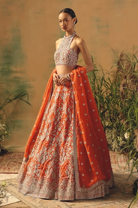 Buy Basanti - Kapde Aur Koffee Orange Organza Sequins, Beads, Crystals Halter The Saffron Mirage Lehenga Set Buy_Basanti - Kapde Aur Koffee_Orange Organza Sequins, Beads, Crystals Halter The Saffron Mirage Lehenga Set