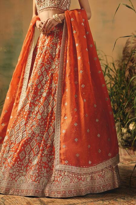 Shop Basanti - Kapde Aur Koffee Orange Organza Sequins, Beads, Crystals Halter The Saffron Mirage Lehenga Set Shop_Basanti - Kapde Aur Koffee_Orange Organza Sequins, Beads, Crystals Halter The Saffron Mirage Lehenga Set
