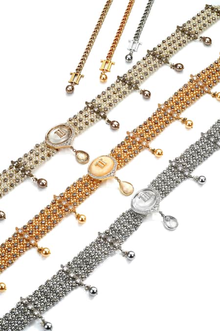 Tarun Tahiliani_Gold Pearls, Crystals, Brooches Jewelled Embellished Belt _Online_at_Aza_Fashions