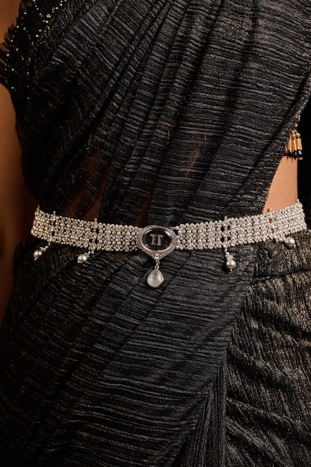 Buy_Tarun Tahiliani_Silver Pearls, Crystals, Brooches Jewelled Belt _Online_at_Aza_Fashions