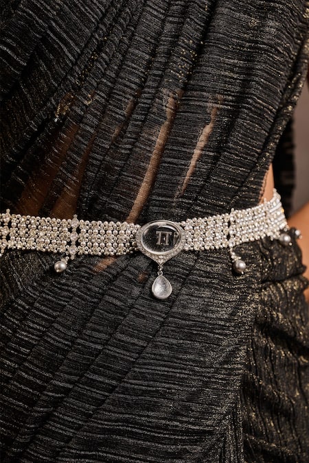 Shop_Tarun Tahiliani_Silver Pearls, Crystals, Brooches Jewelled Belt _Online_at_Aza_Fashions