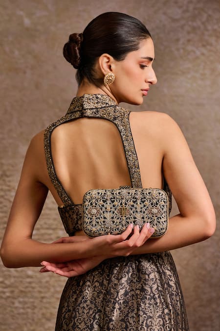 Shop Tarun Tahiliani Black Embroidery, Beads, Stones Mughal Inspired Clutch Shop_Tarun Tahiliani_Black Embroidery, Beads, Stones Mughal Inspired Clutch