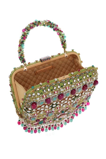 Tarun Tahiliani_Multi Color Embroidery, Stones, Mirrors, Beads, Crystals, Pearls Hand Clutch _Online_at_Aza_Fashions