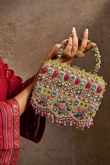 Buy_Tarun Tahiliani_Multi Color Embroidery, Stones, Mirrors, Beads, Crystals, Pearls Hand Clutch _Online_at_Aza_Fashions