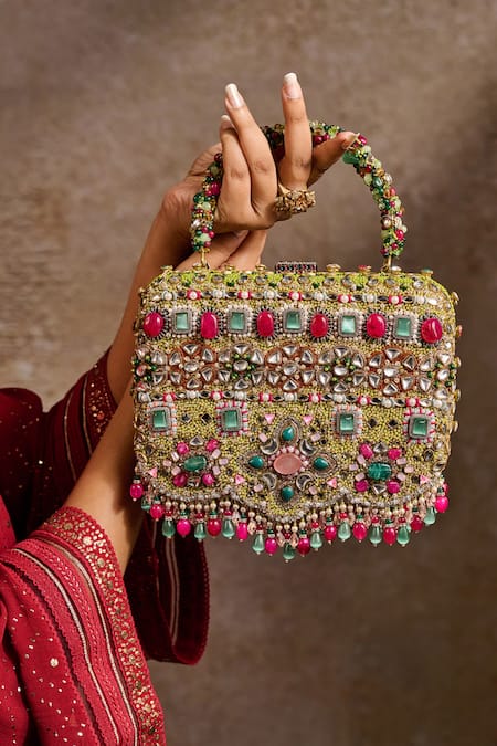 Buy_Tarun Tahiliani_Multi Color Embroidery, Stones, Mirrors, Beads, Crystals, Pearls Hand Clutch 