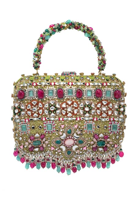 Shop_Tarun Tahiliani_Multi Color Embroidery, Stones, Mirrors, Beads, Crystals, Pearls Hand Clutch 