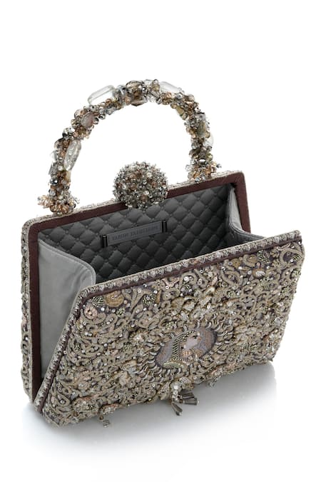 Tarun Tahiliani_Silver Embroidery, Stones, Beads Mughal Motif Zardozi Clutch _Online_at_Aza_Fashions