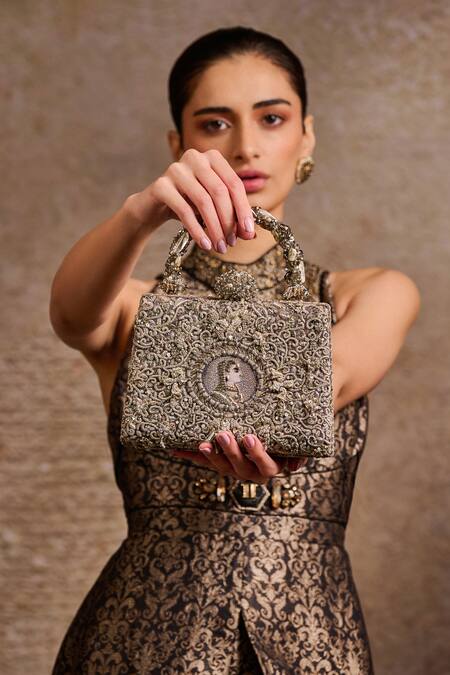 Buy_Tarun Tahiliani_Silver Embroidery, Stones, Beads Mughal Motif Zardozi Clutch _Online_at_Aza_Fashions