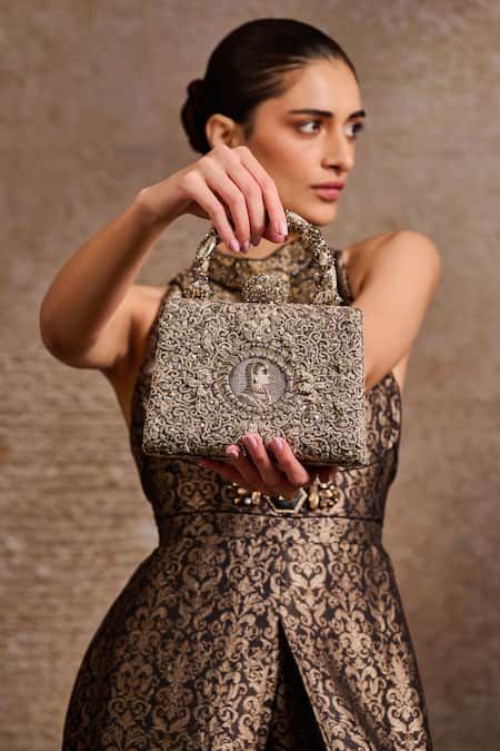 Shop_Tarun Tahiliani_Silver Embroidery, Stones, Beads Mughal Motif Zardozi Clutch _Online_at_Aza_Fashions