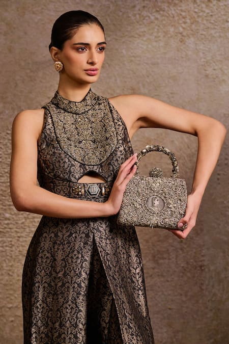 Tarun Tahiliani_Silver Embroidery, Stones, Beads Mughal Motif Zardozi Clutch _at_Aza_Fashions