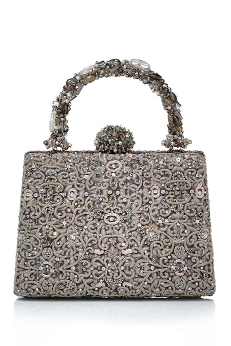Buy_Tarun Tahiliani_Silver Embroidery, Stones, Beads Mughal Motif Zardozi Clutch 
