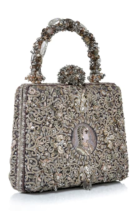 Shop_Tarun Tahiliani_Silver Embroidery, Stones, Beads Mughal Motif Zardozi Clutch 