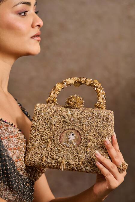 Tarun Tahiliani_Gold Embroidery, Stones, Beads, Sequins Zardozi Mughal Motif Clutch _Online_at_Aza_Fashions