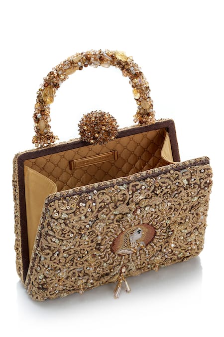 Buy_Tarun Tahiliani_Gold Embroidery, Stones, Beads, Sequins Zardozi Mughal Motif Clutch _Online_at_Aza_Fashions