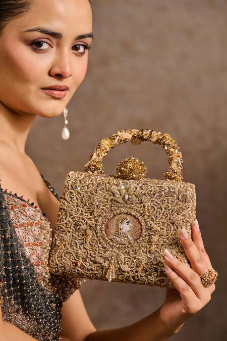 Shop_Tarun Tahiliani_Gold Embroidery, Stones, Beads, Sequins Zardozi Mughal Motif Clutch _Online_at_Aza_Fashions