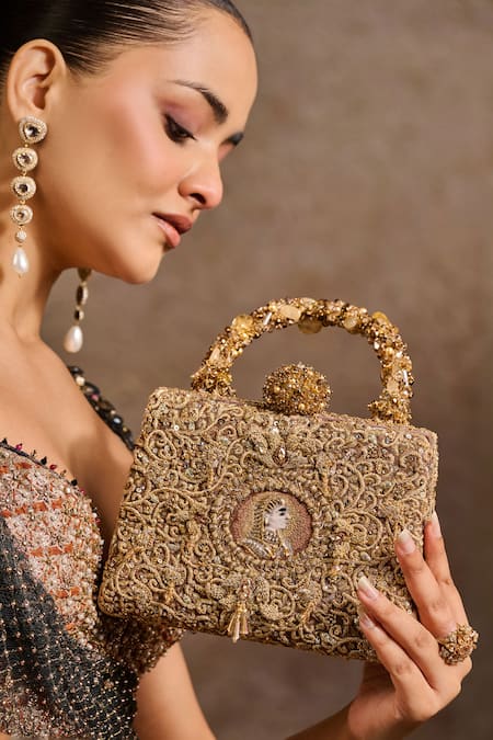 Tarun Tahiliani_Gold Embroidery, Stones, Beads, Sequins Zardozi Mughal Motif Clutch _at_Aza_Fashions