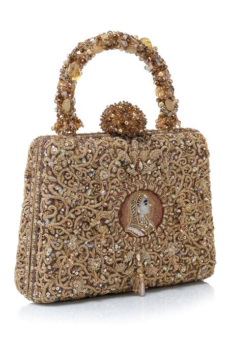 Buy_Tarun Tahiliani_Gold Embroidery, Stones, Beads, Sequins Zardozi Mughal Motif Clutch 