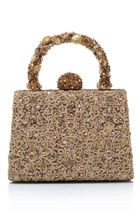 Shop_Tarun Tahiliani_Gold Embroidery, Stones, Beads, Sequins Zardozi Mughal Motif Clutch 