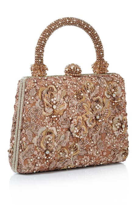Shop_Tarun Tahiliani_Brown Embroidery, Beads, Stones, Sequins Floral Zardozi Clutch _Online_at_Aza_Fashions