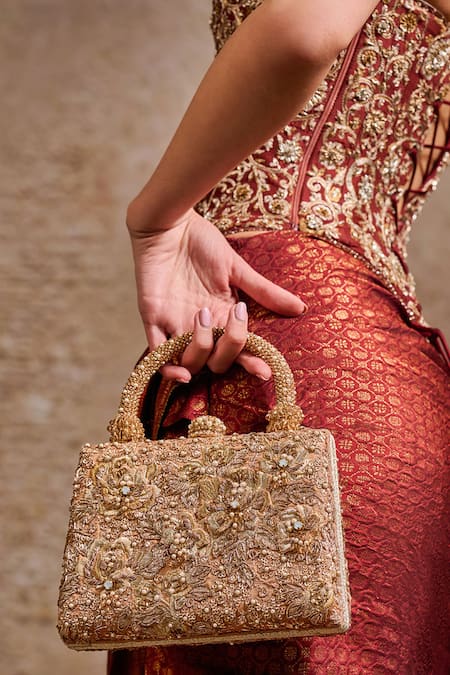 Tarun Tahiliani_Brown Embroidery, Beads, Stones, Sequins Floral Zardozi Clutch _at_Aza_Fashions