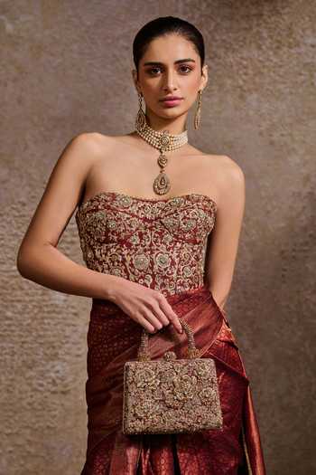 Tarun Tahiliani_Maroon Embroidery, Stones, Beads, Pearls Zardozi Clutch _Online_at_Aza_Fashions