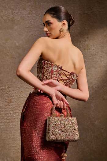 Shop_Tarun Tahiliani_Maroon Embroidery, Stones, Beads, Pearls Zardozi Clutch _Online_at_Aza_Fashions