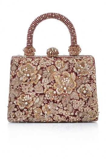 Tarun Tahiliani_Maroon Embroidery, Stones, Beads, Pearls Zardozi Clutch _at_Aza_Fashions