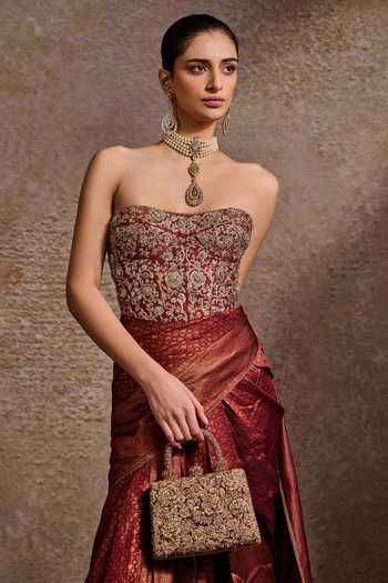 Buy_Tarun Tahiliani_Maroon Embroidery, Stones, Beads, Pearls Zardozi Clutch 