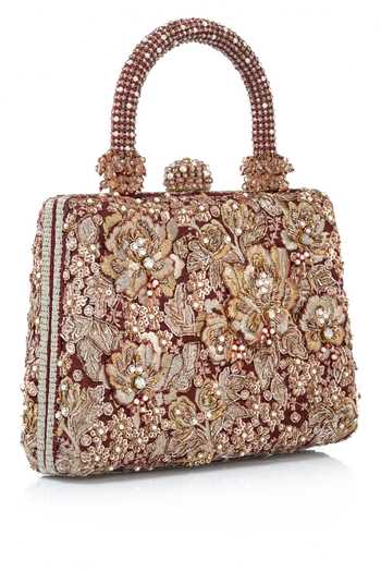 Shop_Tarun Tahiliani_Maroon Embroidery, Stones, Beads, Pearls Zardozi Clutch 