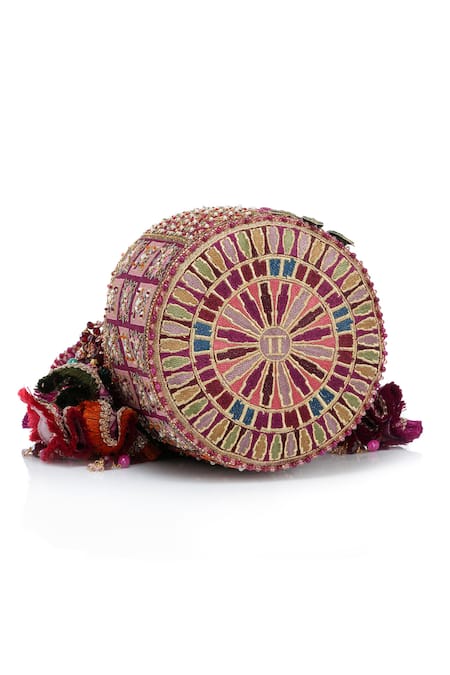 Tarun Tahiliani_Multi Color Embroidery, Stones, Beads, Tassels Kashida Potli Bag _Online_at_Aza_Fashions