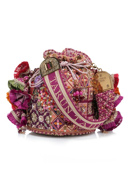 Buy_Tarun Tahiliani_Multi Color Embroidery, Stones, Beads, Tassels Kashida Potli Bag _Online_at_Aza_Fashions